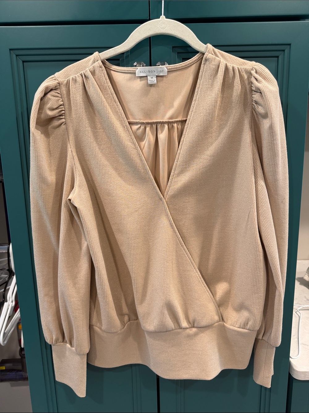 Allison Joy Neutral Beige with Silvery Gold Flecks Ribbed Long Sleeve Blouse